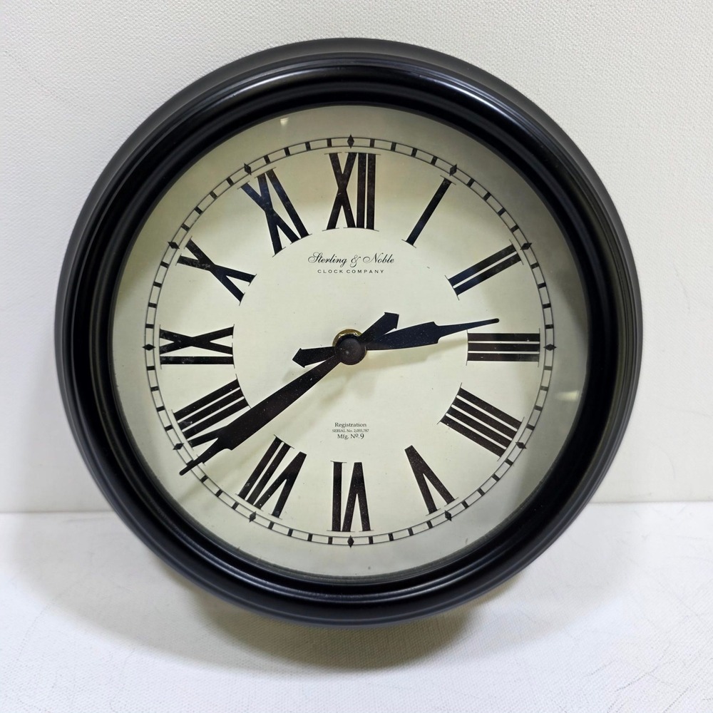 Sterling & Noble Wall Clock Unisex 9in Black Roman Numeral Vintage Style Round